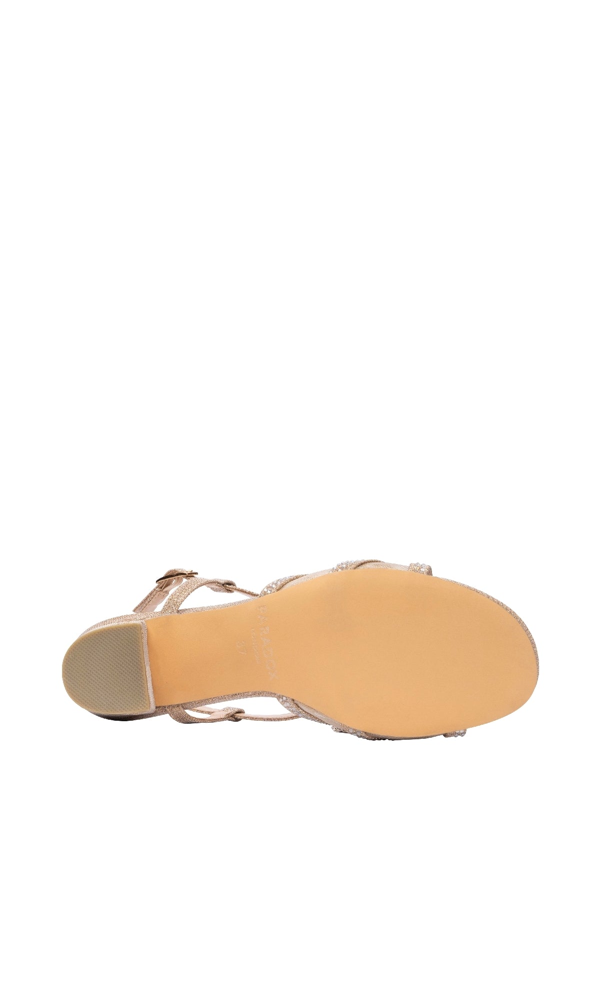The Ingrid Champagne Prom Shoes: Paradox London P2304 feature a strappy design with a smooth tan sole and textured heel—ideal for elegant low-heel, open-toe styles or as stylish champagne glitter prom shoes.